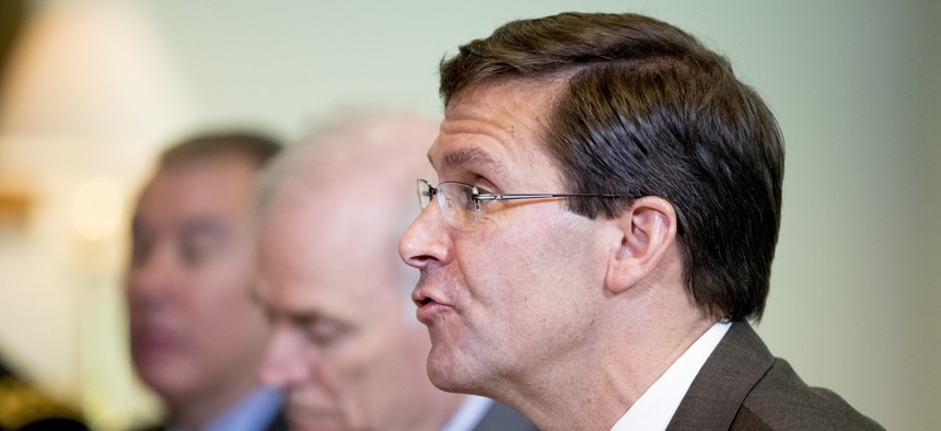 Defense Secretary Mark Esper speaks during a bilateral meeting with Egypt Minister of Defense Mohamed Zaki at the Pentagon in Washington, Monday, July 29, 2019. 