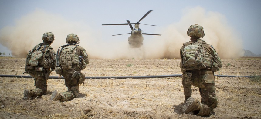 Paratroopers assigned to the 3rd Brigade Combat Team, 82nd Airborne Division secure a helicopter landing zone for a CH-47 Chinook Helicopter on Saturday, July 20th in Kandahar Province, Afghanistan, on July 20, 2019.