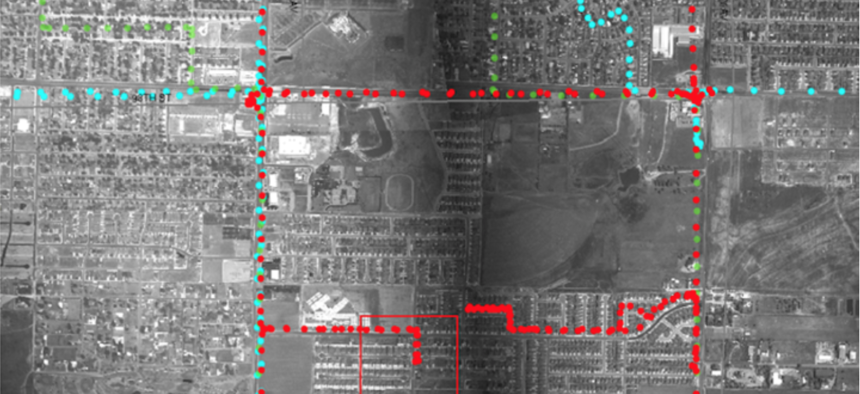 Aerial surveillance equipment is capable of tracking the paths of individual cars along residential streets.