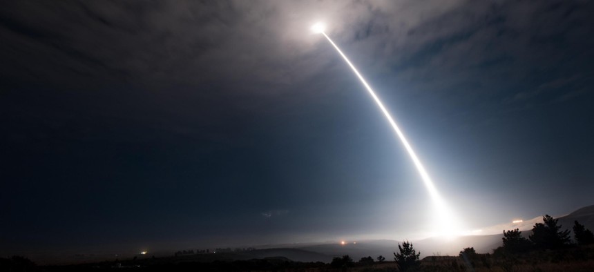 An unarmed Minuteman III intercontinental ballistic missile launches during an operational test at Vandenberg Air Force Base, Calif. on Aug. 2, 2017. 