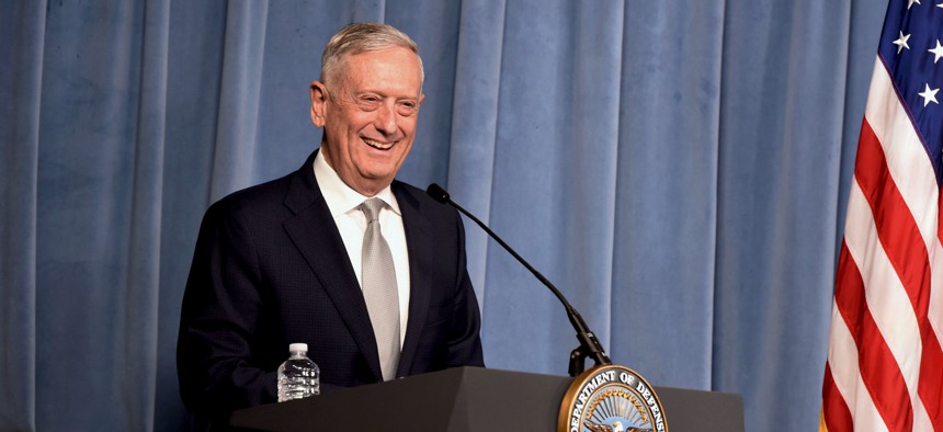 Former Defense Secretary Jim Mattis speaks at the Pentagon in November 2018.