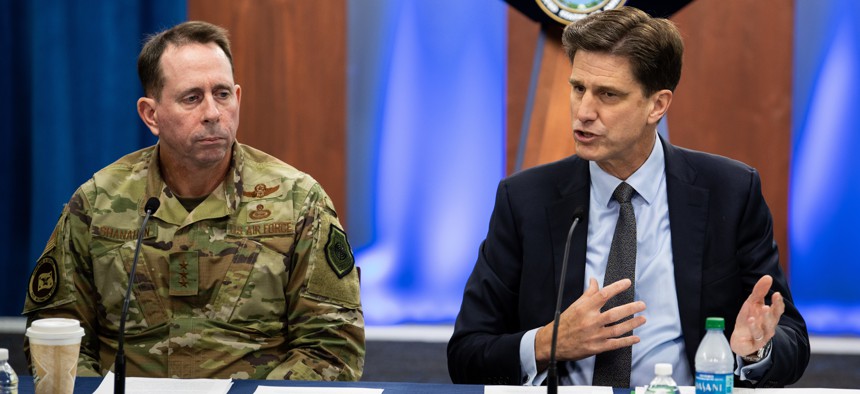 Dana Deasy, DOD Chief Information Officer, and Air Force Lt. Gen. John Shanahan host a roundtable discussion on the enterprise cloud initiative with reporters, Aug. 9, 2019, at the Pentagon, Washington, D.C.