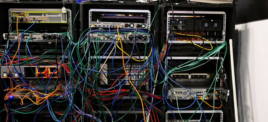 Servers and computers are deployed at the Cybersecurity Conference in Lille, northern France, Wednesday Jan. 25, 2017.