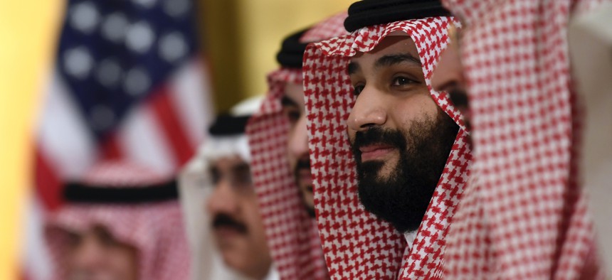 Saudi Arabia's Crown Prince Mohammed bin Salman listens during his meeting with President Donald Trump during a working breakfast on the sidelines of the G-20 summit in Osaka, Japan, in Osaka, Japan, Saturday, June 29, 2019.