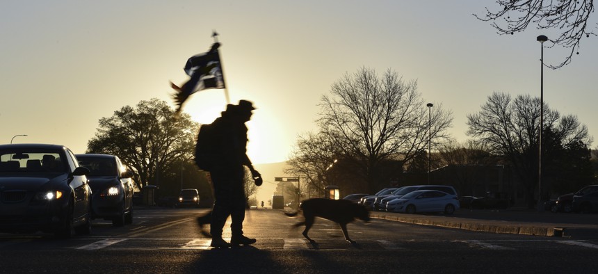 Participants of the 2019 377th Security Forces Squadron Suicide Awareness Ruck March ruck at Kirtland Air Force Base, N.M., March 29, 2019. 