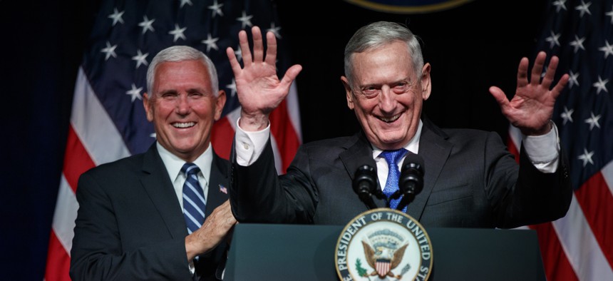 In this file photo, former Secretary of Defense Jim Mattis introduces Vice President Mike Pence during a Pentagon event on the creation of a U.S. Space Force, Thursday, Aug. 9, 2018.