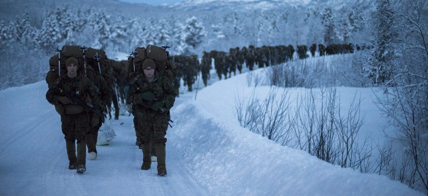 Marines with U.S. Marine Rotational Force-Europe train for arctic combat and survival on a 19.1 hike with a combat load during exercise White Ulfberht, in Setermoen, Norway, Jan. 14, 2019.