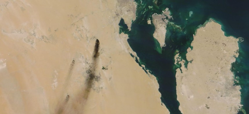This Saturday, Sept. 14, 2019, satellite image provided by NASA Worldview shows fires following Yemen's Houthi rebels claiming a drone attack on two major oil installations in eastern Saudi Arabia
