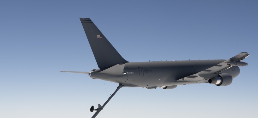 A KC-46 Pegasus refuels an A-10 Thunderbolt II in a 2016 flight test. But the stiff boom makes it harder than it should be to gas up the A-10.