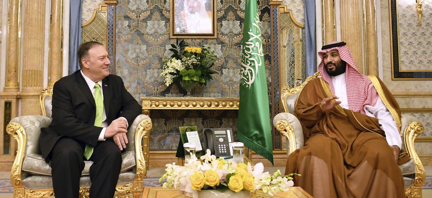 U.S. Secretary of State Mike Pompeo, left, meets with Saudi Arabia's Crown Prince Mohammed bin Salman in Jeddah, Saudi Arabia, on Wednesday, Sept 18, 2019.