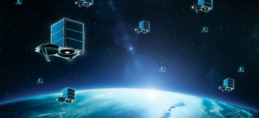 An artist's rendering of a small satellite constellation