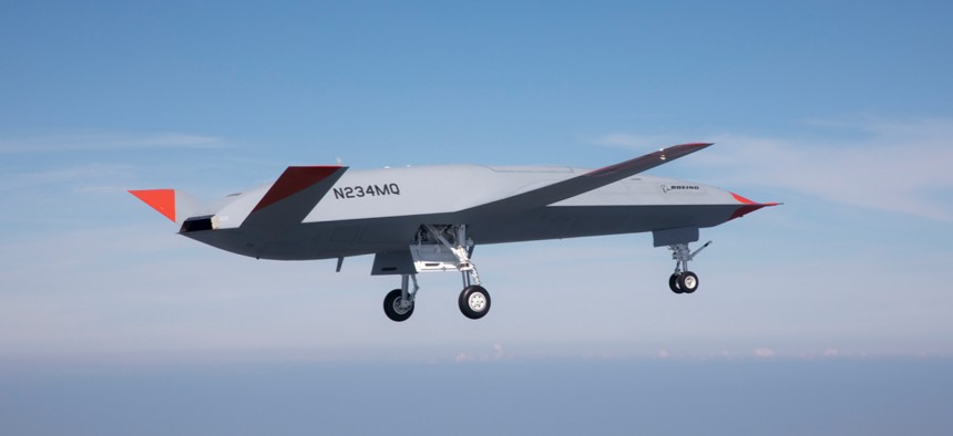 A prototype of an MQ-25 Stingray refueling drone flies for the first time on Sept. 19.