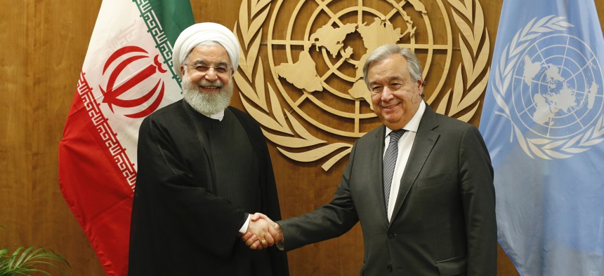Iran's President Hassan Rouhani, left, meets with United Nations Secretary-General Antonio Guterres during the 74th session of the U.N. General Assembly, at U.N. headquarters, Wednesday, Sept. 25, 2019.