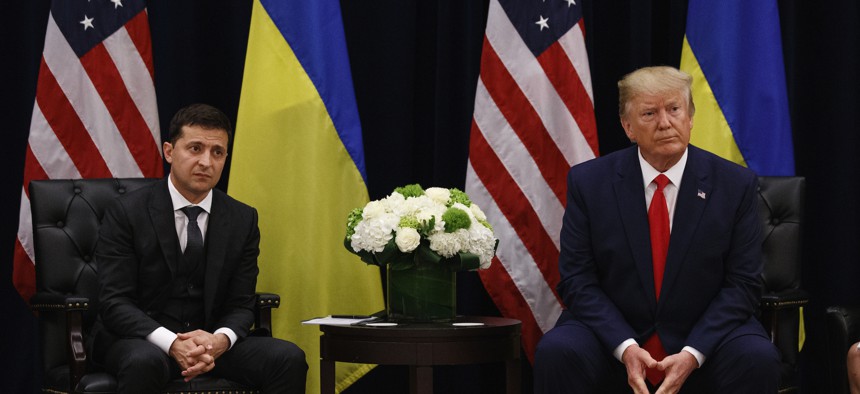 resident Donald Trump meets with Ukrainian President Volodymyr Zelenskiy at the InterContinental Barclay New York hotel during the United Nations General Assembly, Wednesday, Sept. 25, 2019, in New York. 