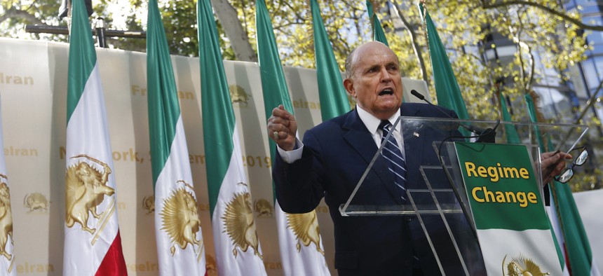 Former New York Mayor Rudy Giuliani speaks at a rally supporting a regime change in Iran outside United Nations headquarters on the first day of the general debate at the U.N. General Assembly, Tuesday, Sept. 24, 2019, in New York.