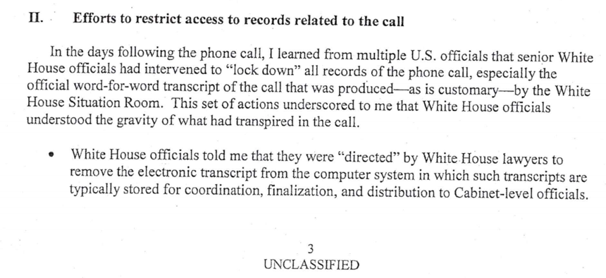 Screenshot of the August 12, 2019, whistleblower memo about alleged attempts by President Trump to solicit information from foreign powers to sway US elections.