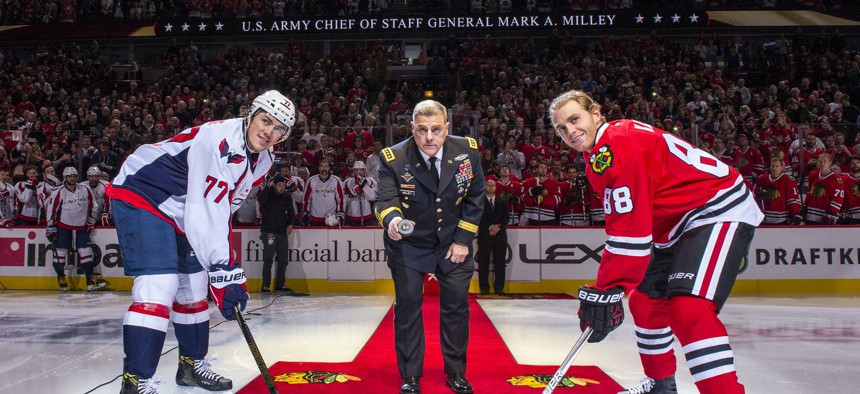 U.S. Army Chief of Staff Gen. Mark Milley drops the puck at a Chicago Blackhawks game in November 2016
