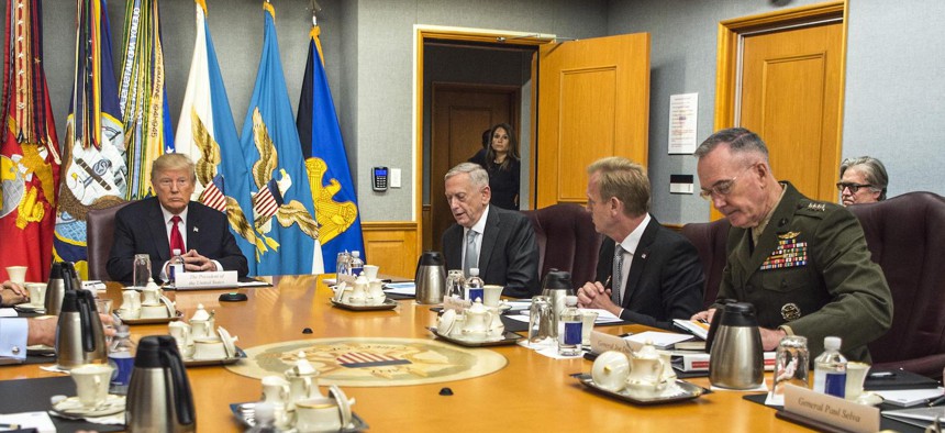 President Donald J. Trump speaks to Defense Secretary Jim Mattis and members of the National Security Council during a meeting at the Pentagon, July 20, 2017.