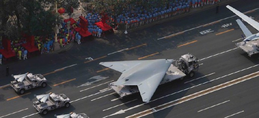 The Chinese GJ-11 "Sharp Sword" stealth drone, displayed on October 1 at the China  National Day military parade.