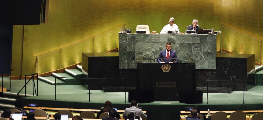 Afghanistan's National Security Adviser Hamdullah Mohib addresses the 74th session of the United Nations General Assembly, Monday, Sept. 30, 2019.