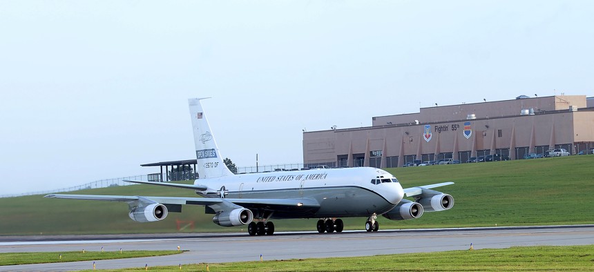 An OC-135 Open Skies aircraft takes off Sept. 14, 2018 from the flight line at Offutt Air Force Base, Nebraska. The U.S. Air Force operates two modified Boeing 707 aircraft as part of the 1992 Open Skies treaty.