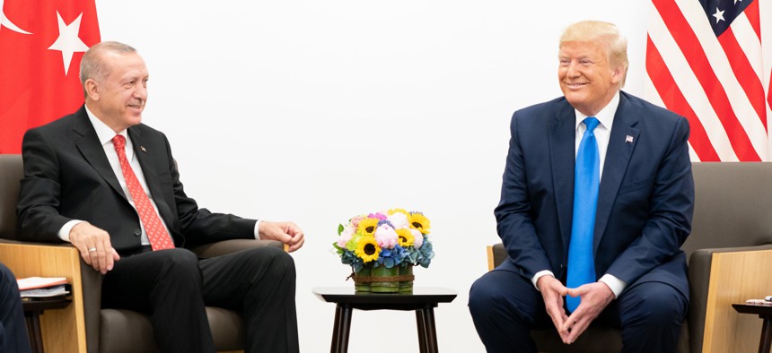 President Donald J. Trump participates in a bilateral meeting with President of the Republic of Turkey Recep Tayyip Erdogan at the G20 Japan Summit Saturday, June 29, 2019, in Osaka, Japan. 