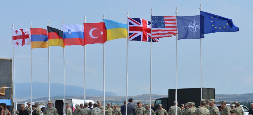 Troops gather at Vaziani Military Base, Georgia, for 2017's Exercise Noble Partner: training for the Georgian light infantry company designated for the NATO Response Force.