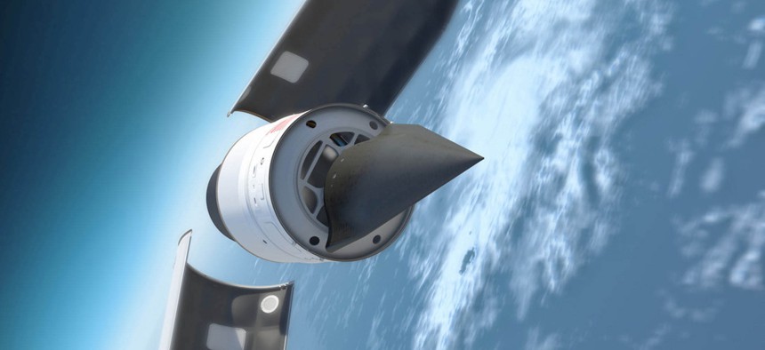 This 2019 illustration shows the Defense Advanced Research Products Agency’s Falcon Hypersonic Test Vehicle emerges from its rocket nose cone and prepares to re-enter the Earth’s atmosphere.