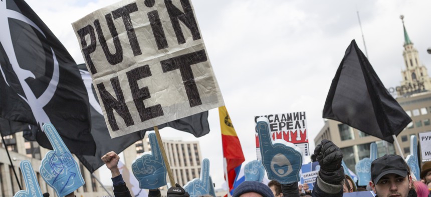 Demonstrators shout during the Free Internet rally in response to a bill making its way through parliament calling for all internet traffic to be routed through servers in Russia — making VPNs ineffective, March 10, Moscow.
