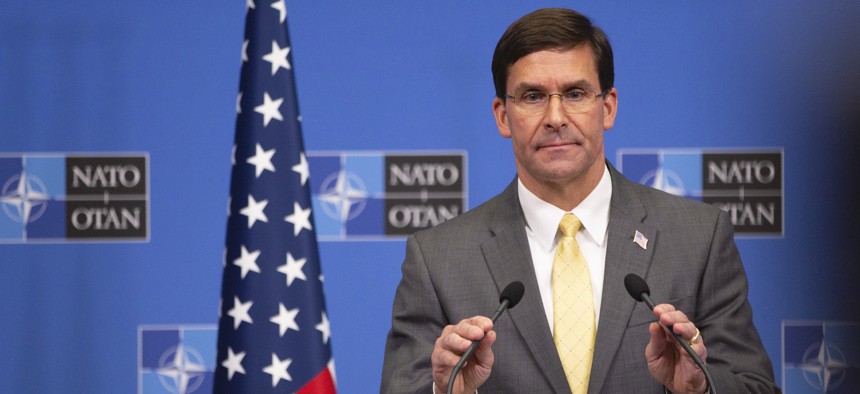 U.S. Secretary of Defense Mark Esper speaks during a media conference after a meeting of NATO defense ministers at NATO headquarters in Brussels, Friday, Oct. 25, 2019.