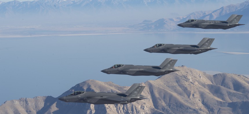 A formation of F-35 Lightning IIs from the 388th Fighter Wing and 419th FW stationed at Hill Air Force Base, Utah, perform aerial maneuvers during as part of a combat power exercise over Utah Test and Training Range, Nov. 19, 2018.