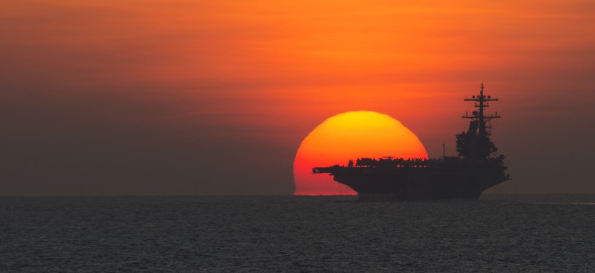The aircraft carrier USS George H.W. Bush (CVN 77) transits the Gulf of Aden.