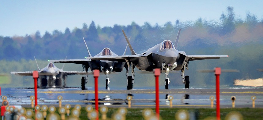 F-35A Lightning II aircraft assigned to the 34th Fighter Squadron at Hill Air Force Base, Utah, land at RAF Lakenheath, England, April 15, 2017. 
