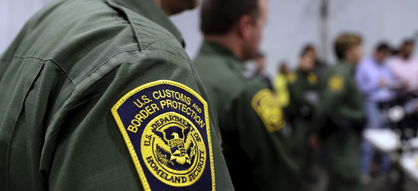 Border Patrol agents hold a news conference prior to a media tour of a new U.S. Customs and Border Protection temporary facility near the Donna International Bridge, Thursday, May 2, 2019, in Donna, Texas.