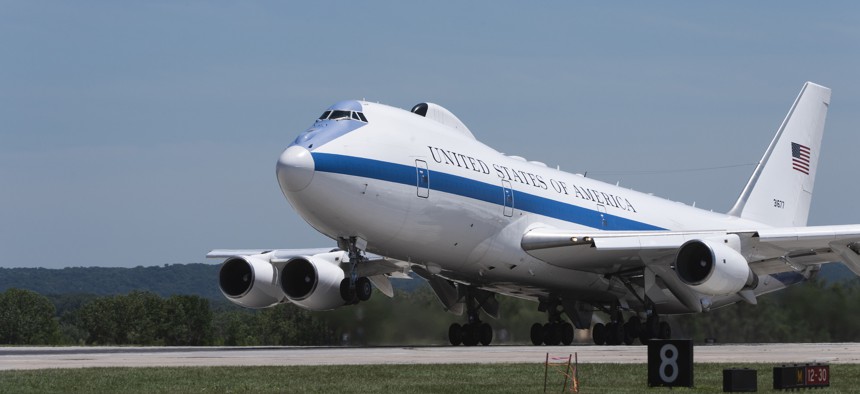 A U.S. Air Force E-4B National Airborne Operations Center aircraft takes off from Offutt Air Force Base, Nebraska, July 10, 2019.