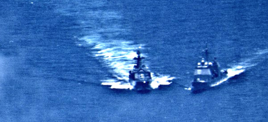 On June 7, 2019, the U.S. Navy cruiser Chancellorsville, right, was forced to maneuver to avoid collision from the approaching Russian destroyer Udaloy I in the Philippine Sea.