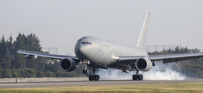 A Boeing KC-46A Pegasus touches down at Yokota Air Base, Japan, Oct. 23, 2018, during a system evaluation.