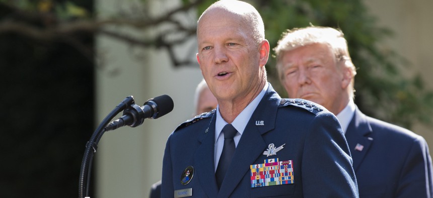 Air Force Gen. John Raymond, speaks at a White House ceremony for the establishment of U.S. Space Command on Aug. 29, 2019. 