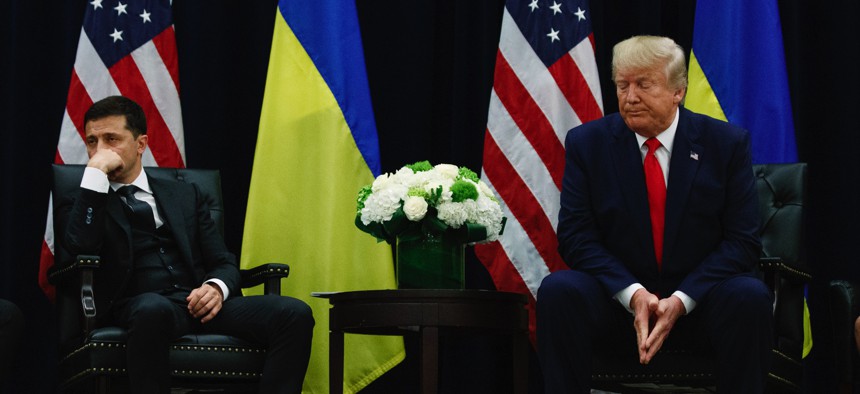 President Donald Trump meets with Ukrainian President Volodymyr Zelenskiy at the InterContinental Barclay New York hotel during the United Nations General Assembly, Wednesday, Sept. 25, 2019, in New York.President Donald Trump meets with Ukrainian Preside