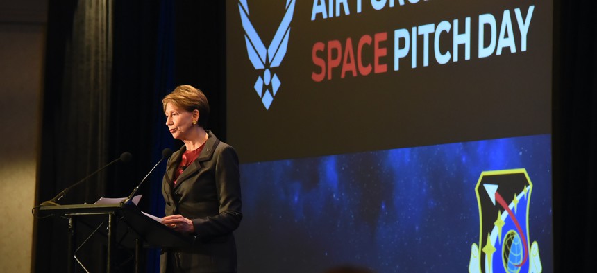 Secretary of the Air Force Barbara Barrett speaks during the commencement of the U.S. Air Force Space Pitch Day, Nov. 5, 2019, San Francisco, Calif. 