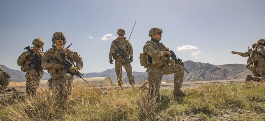Soldiers of the 48th Infantry Brigade Combat Team secure a helicopter landing zone after a key leader engagement with senior leaders in the Afghan National Army in Kunar Province, Afghanistan, on March 24t 2019.