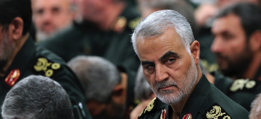 Gen. Qassem Soleimani, center, who heads the elite Quds Force of Iran's Revolutionary Guard attends a graduation ceremony of a group of the guard's of a group of the guard's officers in Tehran, Iran, in June 2018.