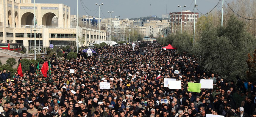 Protesters demonstrate over the U.S. airstrike in Iraq that killed Iranian Revolutionary Guard Gen. Qassem Soleimani in Tehran, Iran, Friday Jan. 3, 2020.