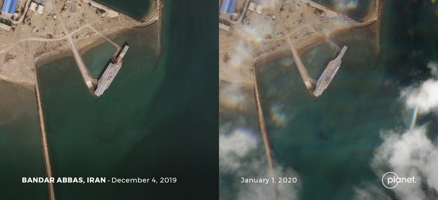 The view from Planet Labs SkySat satellites showing Iran's fake aircraft and a recent push to complete repairs, in possible anticipation of a March exercise. Photos taken December 4.19 and Jan 1.20.