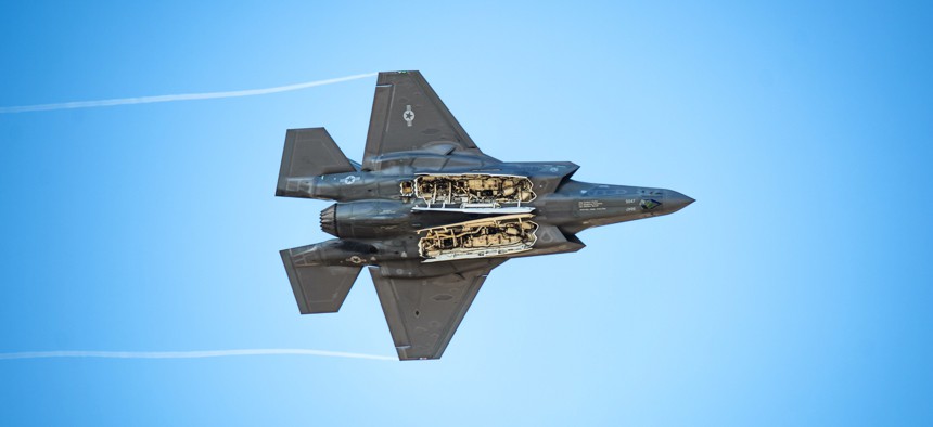 Capt. Andrew “Dojo” Olson, F-35 Demonstration Team pilot and commander performs a weapons bay doors pass during an F-35 Demo practice at Luke Air Force Base, Ariz., Jan. 16, 2019. 