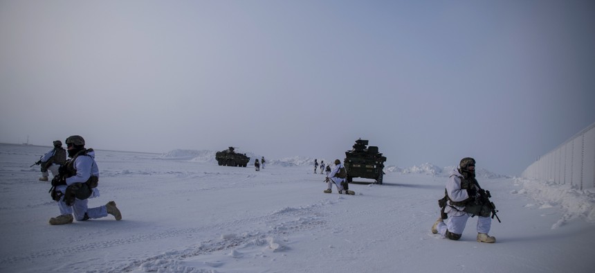 U.S. soldiers of the 21st Infantry Regiment provide overwatch during an arctic deployment of Stryker armored vehicles as part of the U.S. Army Alaska led exercise Arctic Edge 18 at Eleison Air Force Base, Alaska, March 13, 2018.