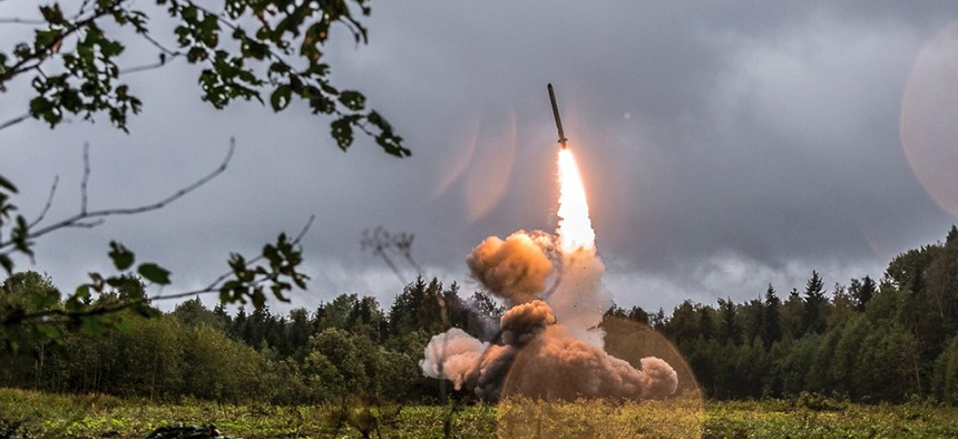 This 2017 photo provided by the Russian Defense Ministry shows a Russian Iskander-K missile launched during a military exercise at a training ground at the Luzhsky Range, near St. Petersburg, Russia.