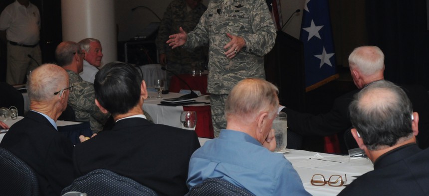 A U.S. Air Force general speaks to retired general officers during the service's annual Retired General Officer Summit in 2010.