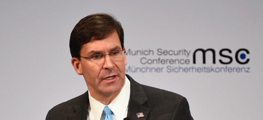 U.S. Secretary for Defense Mark Esper speaks on the second day of the Munich Security Conference in Munich, Germany, Saturday, Feb. 15, 2020. 