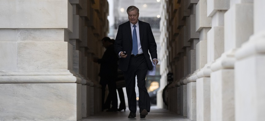 Sen. Lindsey Graham, R-S.C., departs after the impeachment acquittal of President Donald Trump, on Capitol Hill, Wednesday, Feb. 5, 2020 in Washington.